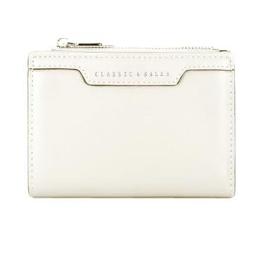 Imagem de Carteira feminina de couro com bloqueio de RFID e compartimento compacto para cartões com zíper e janela para identidade, Branco, Carteira feminina simples e moderna