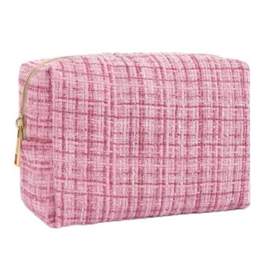 Imagem de Pequena bolsa de maquiagem xadrez de tweed para mulheres, bolsa de maquiagem para viagem, bolsa de maquiagem fofa para objetos estéticos, rosa, Bolsa de maquiagem com alça de mão