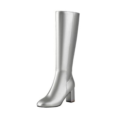 Imagem de Botas femininas casuais de salto alto com zíper lateral outono inverno moda botas de cano alto modernas, Prata, 38