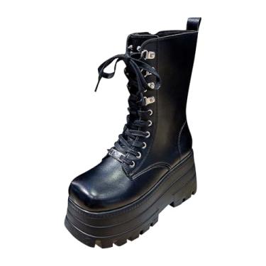 Imagem de Botas femininas casuais de salto cunha fivela de cinto bico redondo plataforma tornozelo para outono e inverno calçado de cano médio, Preto, 35