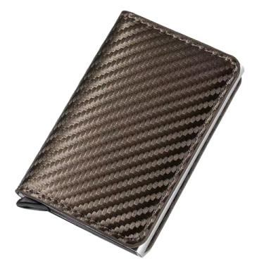 Imagem de Carteira com bloqueio de RFID de fibra de carbono – Suporte de cartão de crédito pop-up de metal fino para homens, design minimalista de liga de alumínio em preto, Bronze, Tendência