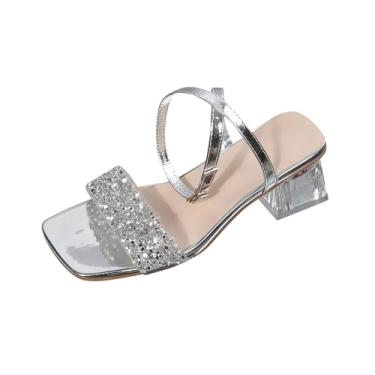 Imagem de Sandália feminina com salto de cristal e bico quadrado com alça larga para mulheres plus size, Prata, 35