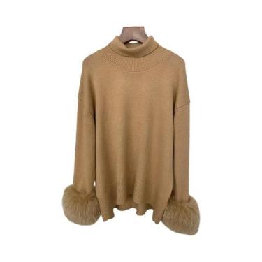 Imagem de Suéter Feminino De Tricô Com Mangas De Pele De Raposa, Ajuste Slim, Mo