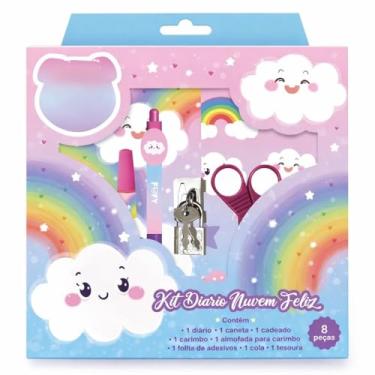 Imagem de Kit Diário Nuvem Feliz, 8 Peças com Diário 60 Folhas, Caneta, Cadeado, Carimbo, Adesivos, Cola, Tesoura, Design Arco-Íris e Nuvens, 23x23x6cm, Escolar, ideal para expressar pensamentos e eternizar momentos importantes