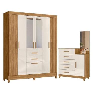 Imagem de Guarda Roupa Solteiro Malta Com Espelho E Cômoda Lisboa Freijó Off Whi