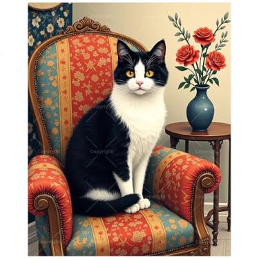 Imagem de Kit de pintura animal por números para adultos - DIY gato preto e branco em cadeira vintage pintura em tela 40 x 50 cm, conjunto de tinta acrílica para iniciantes, arte para decoração de casa ou