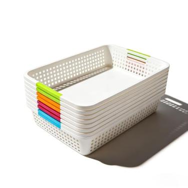 Imagem de JBESUHI Pacote com 8 cestas de armazenamento de plástico grandes com alças (38 × 25 × 7 cm) - Caixas organizadoras de despensa, cestas de armazenamento de papel para bancadas, armários, quartos e