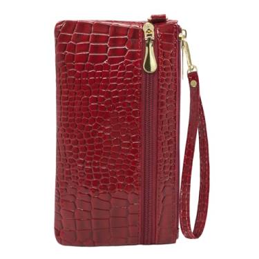 Imagem de LJCZKA Carteira feminina de couro e crocodilo, porta-cartão de crédito para formatura elegante, Vermelho (sem capa frontal)