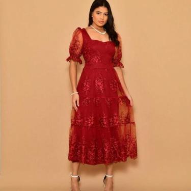 Imagem de Helena Vestido midi festa tule bordado manga curto 0115, Marsala, Unic