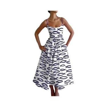 Imagem de Vestido Maxi Estampado Com Peixes Do Oceano Azul Para Mulheres, Sexy, 