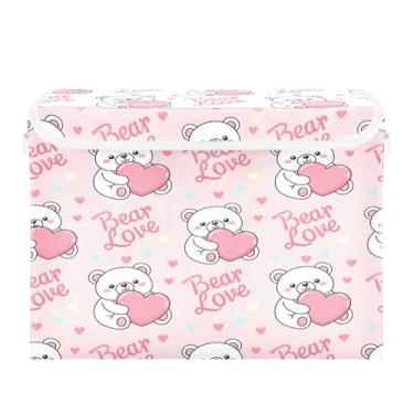 Imagem de Wassud Cestos de armazenamento dobráveis com tampas, ursos e corações de amor, cestas organizadoras de tecido dobráveis para armário, decoração sazonal de casa 40 x 30 x 30 cm