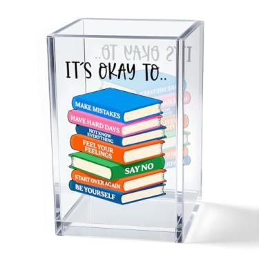 Imagem de Vgrti It's Okay To Make Mistakes Copo de acrílico para caneta lápis, acessório organizador de mesa motivacional para escritório, escola, presentes inspiradores para mulheres, amantes de livros, colega