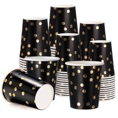 Imagem de WRAPAHOLIC 50 peças de copos de papel preto dourado - copo descartável de 255 g com pontos de folha preta e dourada, xícara de café, copos de bebida quente/fria para suco de água, perfeito para casa