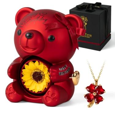 Imagem de mountova Linda caixa de joias de ursinho de pelúcia, design giratório, girassol artificial em caixa de presente de urso, colar de trevo de quatro folhas, presente de feliz aniversário para mulheres