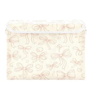 Imagem de Wassud Cestos de armazenamento dobráveis com tampas, laços de fita creme. Cestas organizadoras de tecido dobráveis para armário, decoração sazonal de casa 40 x 30 x 30 cm