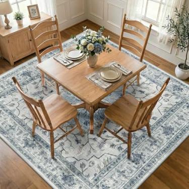 Imagem de RELEANY Tapetes quadrados de 2,1 m, lavável, antiderrapante, floral, vintage, estampa de angústia, tapete medalhão para sala de estar, quarto, sala de jantar, azul claro, azul-marinho, bege, cinza