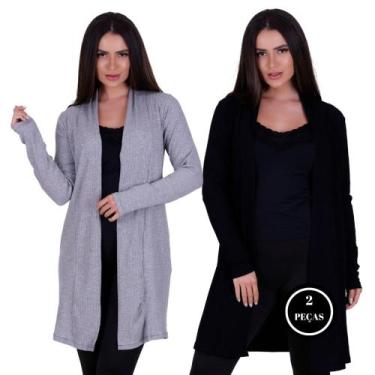 Imagem de Kit 2 Cardigan Manga Longa Canelado Casaco Kimono de Inverno Feminino 