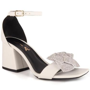 Imagem de Sandália Feminina Branco Noiva Salto Grosso Bico Quadrado Flor Brilho 