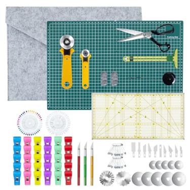 Imagem de Conjunto de cortadores rotativos para costura e acolchoamento, cortadores de tecido de 28 mm e 45 mm com lâminas extras, tapete de corte A3 dobrável, tesouras, réguas e kit de ferramentas de