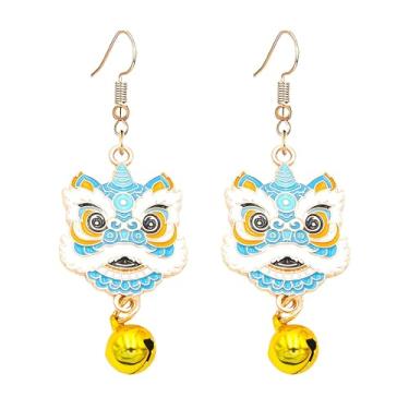 Imagem de Dreuyet Brincos femininos de dança de leão chinês colorido cabeça de leão de dragão com pingente de sino, ano novo, festivais chineses, joias da sorte, Middle, Metal metal Sino, Sem pedra preciosa