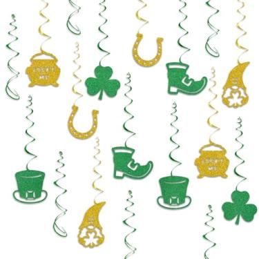Imagem de Plzaxou Decorações de Dia de São Patrício Redemoinhos pendurados, glitter verde dourado Lucky Three Leaf Shamrock Picks Hat Decorações de ferradura para artigos de festa do dia de São Patrício