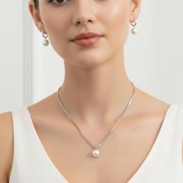 Imagem de Colar E Brincos Femininos Conjunto Pérola Folheado A Prata-Feminino