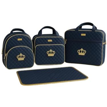 Imagem de Kit Bolsa Frasqueira Mochila e Trocador Saida Maternidade 4 Peças Coroa Dourada (Azul Marinho)