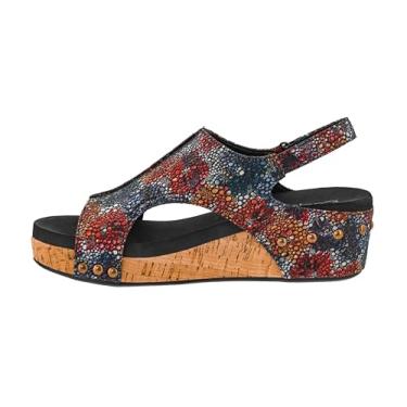 Imagem de Corkys Footwear Sandália feminina Volta II Wedge – Cunha acolchoada de 5 cm, fecho de velcro para conforto e estilo, perfeita para roupas casuais e elegantes, uso durante todo o dia, Floral, preto