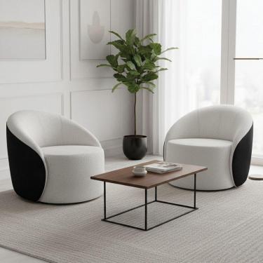 Imagem de Poltrona Sala Orgânica Kit 2 Lua Fixa Sintético Pu Preto/bouclê D03 - D`rossi Cor Cinza