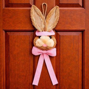 Imagem de Pendente Cabeça Coelho Com Laço Decoração Páscoa Palha 40cm Rosa