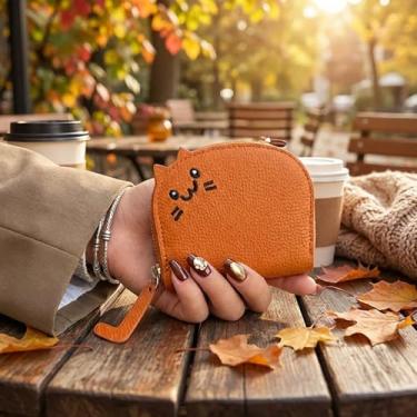 Imagem de Carteiras femininas, carteira pequena e fina para cartão de crédito, bolsa elegante com tema de gato para mulheres e meninas adolescentes, Laranja, Elegante