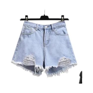 Imagem de Shorts De Denim Branco Com Cintura Alta E Franjas Para Mulheres, Estil