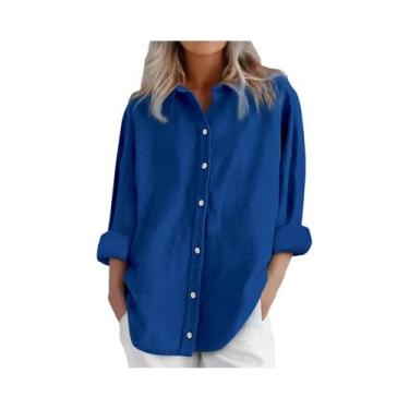 Imagem de Camisa Casual Feminina De Algodão E Linho Manga Longa Cor Sólida Com B