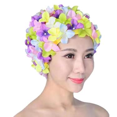 Imagem de Touca de natação feminina - chapéu de natação floral, touca de natação feminina com pétalas florais, bonés de banho retrô modernos para cabelos longos/curtos, chapéu de natação para férias de praia e