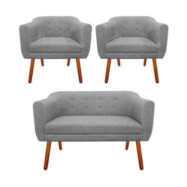 Imagem de Kit Sofá Retrô Namoradeira e 02 Poltronas Decorativa Julia Linho Cinza