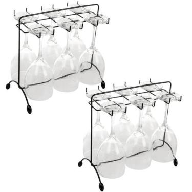 Imagem de Kit 2 Suportes Porta Taças de Vinho Preto 16x27cm Aramado de Mesa Banc