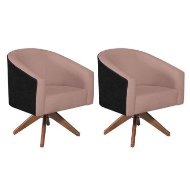 Imagem de Kit 02 Poltronas Luiza Base Giratória De Madeira Factor Preto E Linho - Adj Decor Cor Rosê
