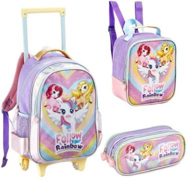 Imagem de Kit Mochila Rodinha Infantil Escolar Lancheira Estojo Unicornio Power 