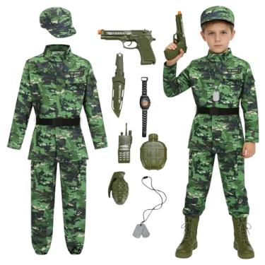 Imagem de yolsun Fantasia camuflada do exército de combate para crianças, fantasia de exército para meninos, uniforme de soldado militar, fantasia de festa de Halloween (camuflagem verde escuro, 8 a 10 anos)