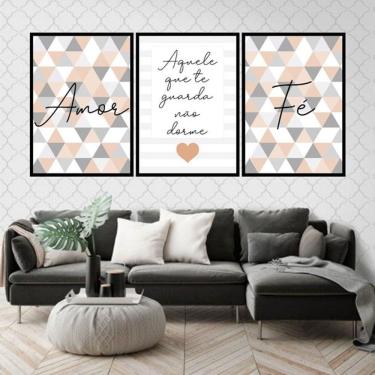 Imagem de Kit 3 Quadros Decorativos Fé Amor Triângulos Marrom