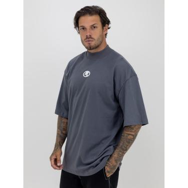 Imagem de Camiseta Oversized Gola Alta Borracha Círculo White Streetwear Confortavel Masculina Cinza-Masculino