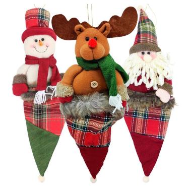 Imagem de Enfeite Natalino Trio de Natal para Decoração com Rena, Papai Noel e Boneco de Neve, Saco de Natal, Verde, Vermelho