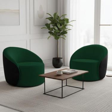 Imagem de Poltrona Sala Orgânica Kit 2 Lua Fixa Sintético PU Preto/Bouclê Verde 