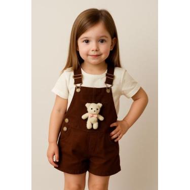 Imagem de Macaquinho Jardineira Jeans Infantil Menina - Pirulitando, Marrom, 8