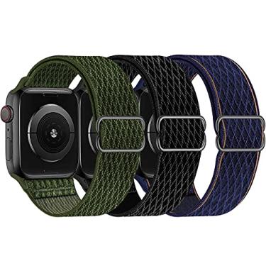 Imagem de Swhatty Pulseiras de nylon elástico compatíveis com Apple Watch séries 3/44 mm/45 mm/46 mm/49 mm, elástica esportiva trançada ajustável para Apple Watch Series 10-1 SE Ultra 1 2, pacote com 3