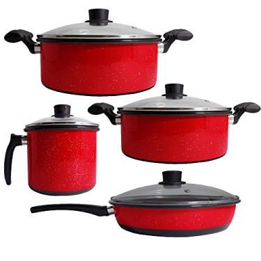 Imagem de Conjunto de Panelas Esmaltadas, Caneco e Frigideira Vermelho de Agatha com 4 Tampas de Vidro