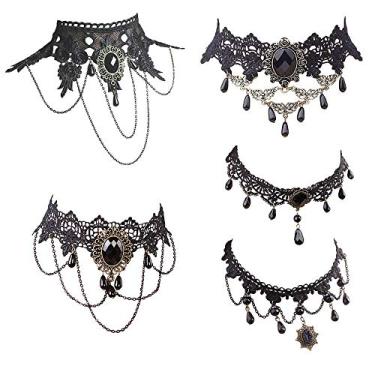 Imagem de Dumcondy Colar de Halloween elegante sexy feminino menina retrô estilo punk gótico renda preta gola corrente gargantilha declaração joia steampunk vitoriana festa casamento princesa, 5 peças/conjunto