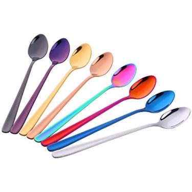 Imagem de Colheres de chá de aço inoxidável 18/10, 5,5 polegadas, 8 peças..., silver, black, gold, blue, rose gold, purple, rainbow, sunset red, 8 inch iced coffee spoon