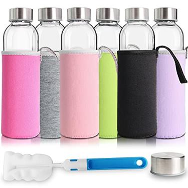 Imagem de Garrafas de água de vidro da Yeboda, frascos de 453 ml para bebidas e sucos, use tampas de aço inoxidável – incluindo mangas de proteção de nylon coloridas, pacote com 6