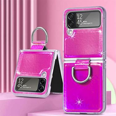 Imagem de Capa de telefone com suporte de anel de luxo brilhante para Samsung Galaxy Z Flip 4 flip4 Flip4 Capa macia de carregamento magnético sem fio, anel de laser rosa, para Samsung Z flip4